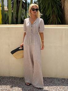 DAZY Women's Casual Striped Print Bubble Sleeve Tie Front Wide Leg Jumpsuit, Spring/Summer - Khaki - View 6
