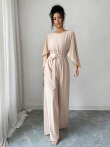 Elenzga 优雅都市时尚新款女士春夏宽松圆领喇叭袖高腰阔腿连体裤，适合日常穿着、婚礼、晚宴、通勤、毕业派对、节日、假期、约会、聚会、万圣节、圣诞节、新年、感恩节等场合。 - 杏色 - 查看 7