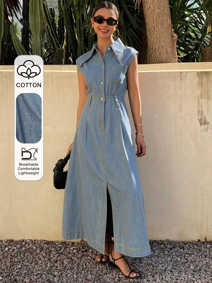 Livesso Đầm denim màu trơn, cổ bẻ, không tay, chất liệu cotton, thắt eo, dành cho nữ, thích hợp cho mùa xuân và hè. - Rửa nhẹ - Xem 1