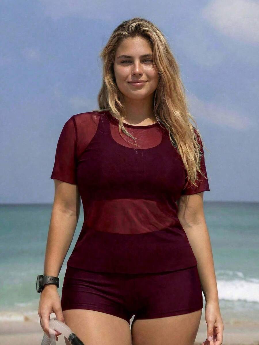 Swim SPRTY 大码女式三件套纯色网纱罩衫、吊带文胸和短裤比基尼套装,沙滩度假冲浪运动比基尼 - 酒紅色 - 查看 1