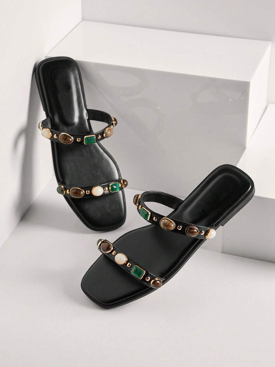 SHUZIA Women's Wide-Fit Minimalist Comfortable, , Double Band Slip-On Flat Sandals With Gemstone Decors - Black - View 1