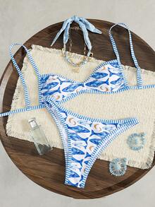Swim Vcay Bộ bikini nữ kiểu dáng gợi cảm, họa tiết sọc kẻ, dây đeo vai mảnh, hở lưng, thích hợp cho lễ hội âm nhạc bãi biển mùa xuân/hè, lấy cảm hứng từ sinh vật biển. - Nhiều màu - Xem 5
