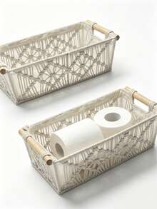 1 pezzo Scatola di stoccaggio intrecciata a mano in stile boho, adatta per casa, bagno, camera da letto, soggiorno - Cesto di stoccaggio decorativo - Multicolore - Visualizzare 5