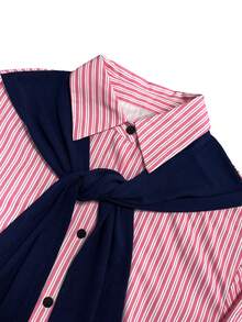 SHEIN Franclia Women's Pink And White Vertical Striped Long Sleeve Shirt Dress,Summer Casual School Back-To-School Patchwork 2 In 1 Button Design,Loose Korean Style - Pink - View 5