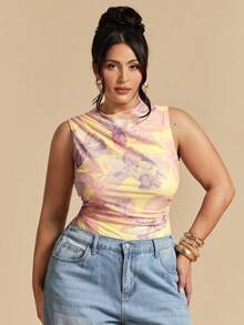 SHEIN BAE Tuta elegante con stampa floreale senza maniche e arricciature, taglia comoda, adatta per pendolarismo, vacanze al mare, tuta graziosa - Multicolore - Visualizzare 6
