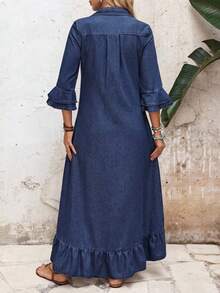 EMERY ROSE Women's Casual Denim Dress With Bell Sleeves, Single-Breasted, Ruffle Hem - Dark Wash - View 2