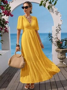 Vivid Eden Đầm dự tiệc thường ngày xếp ly cổ chữ V sâu dành cho nữ - Màu vàng - Xem 5
