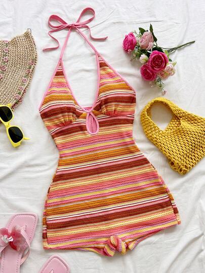 Soleia Bộ jumpsuit ngắn hở lưng, cổ yếm, nhiều màu sắc, dệt kim kẻ sọc, thích hợp cho mùa thu/đông, Halloween, năm mới, lễ hội hóa trang, tiệc tùng, hẹn hò, trà chiều, đi biển, mặc nhiều lớp hoặc khoác ngoài.