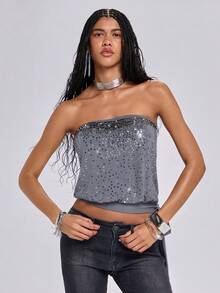 Summer Y2K Retro Sexy Crop Top With Sequin Embroidery, Side Slit Drawstring Waist, For Women - Grey - View 5