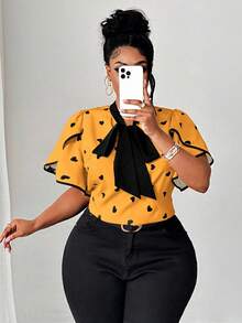 Maweii Plus Size Women's Elegant Romantic Heart Print Blouse With Bow Collar, Ruffle Trim And Contrast Color Design, New Spring/Summer - Multicolor - View 6