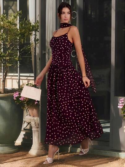 Enchnt Spring/Summer Romantic Women's Brown Polka Dot Print Sleeveless Dress With Neck Ribbon,Sweet&Elegant For Vacation&Date&Holiday&Going Out&Valentine's Day,Spring Outfit Women