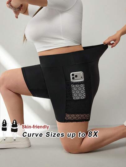 SHEIN CURVE+ Đồ tập thể dục và đi biển mùa xuân/hè dành cho nữ cỡ lớn, quần legging và quần short màu đen thiết kế thời trang mới, thoải mái, phù hợp đi làm, đi làm, phối ren rỗng và có túi.