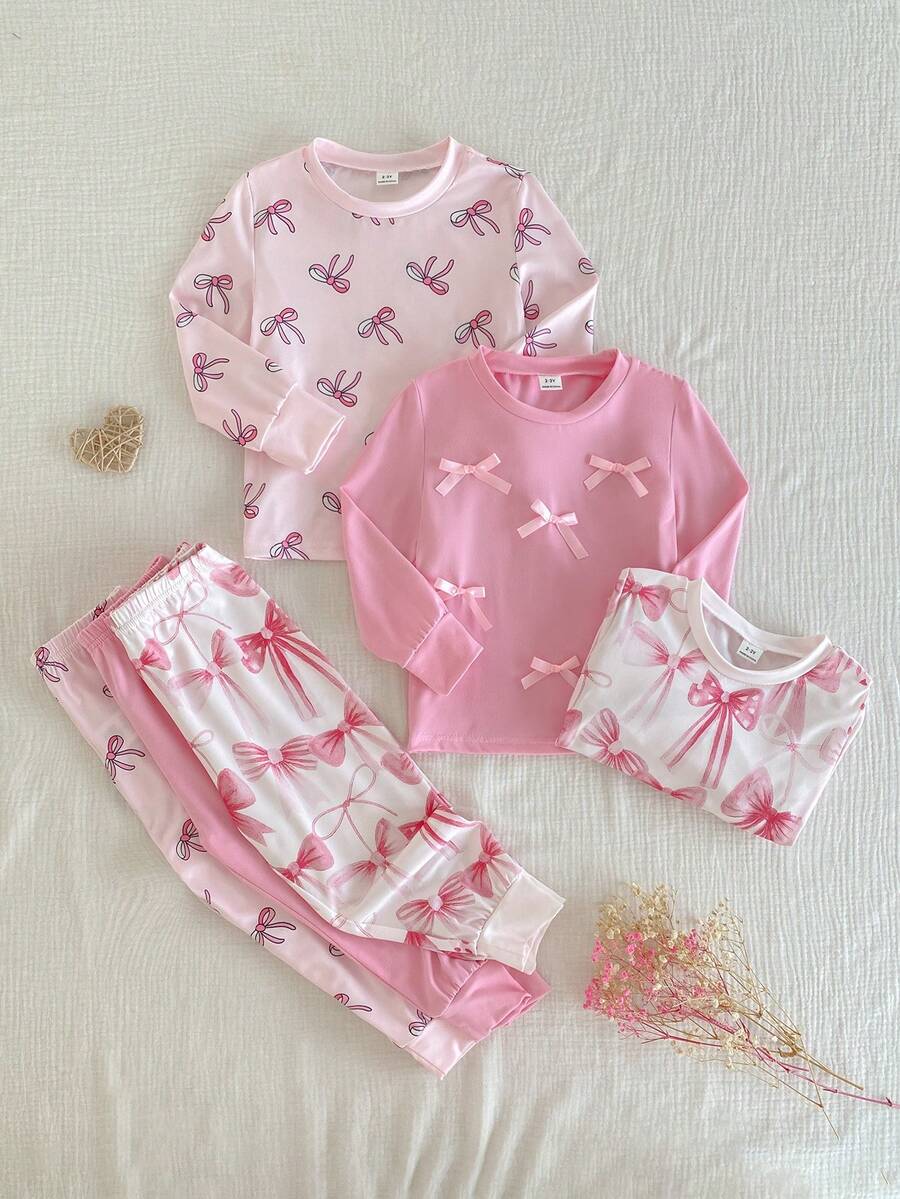 Conjunto de 6 piezas de pijama para niñas, top de manga larga con estampado de moño minimalista y moño 3D, y pantalones, conjunto de ropa de dormir - Multicolor - Ver 1