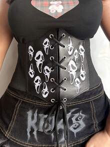 ROMWE Goth 1件裝女士黑色刺繡鏤空骷髏造型暗黑哥德風PU六角形彈性腰封腰帶，洋裝牛仔褲配件，日常百搭禮物首選 - 白色骷髏頭 - 查看 7