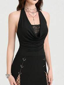 Breakform Damen Gothic Sexy drapierter Ausschnitt rückenfrei anliegendes Camisole, Damen drapierter Ausschnitt Camisole, Damen Spitze Patchwork Strickstoff drapierter Ausschnitt Camisole, Damen schwarzes drapiertes Ausschnitt Camisole - Schwarz - Übersicht 6