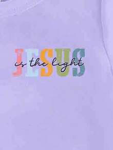 Girls' Casual Colorful Floral & Cross Graphic Tee, Comfortable Daily Wear For Spring, Summer & Autumn - Purple - View 5