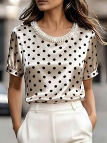 Franclia Elegant Minimalist Round Neck Pearl Embellished Polka Dot Print Loose Casual Travel Commute Blouse For Women Polka Dot T Shirt Blouses For Women Elegant Casual Tops Business Casual Women Tops Latest Tops For Women New Arrival Blouse Blouse For Women Elegant Classy - Apricot - View 1