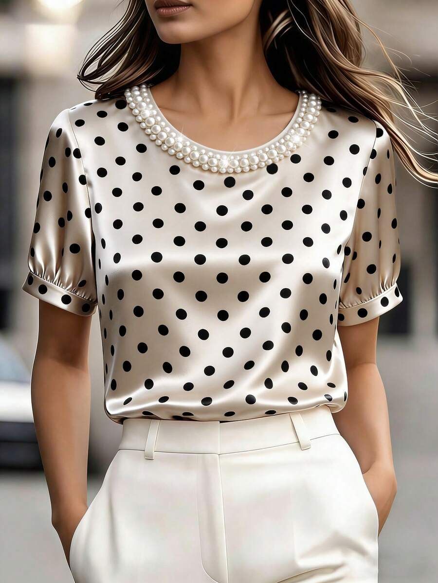 Franclia Elegant Minimalist Round Neck Pearl Embellished Polka Dot Print Loose Casual Travel Commute Blouse For Women Polka Dot T Shirt Blouses For Women Elegant Casual Tops Business Casual Women Tops Latest Tops For Women New Arrival Blouse Blouse For Women Elegant Classy - Apricot - View 1
