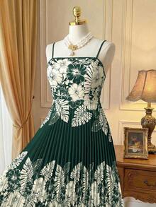 Rometta Women's Spring/Summer French Elegant Vacation Floral Waist Flared Pleated Long Dress, Suitable For Vacation, Dates And Other Occasions - Dark Green - View 4