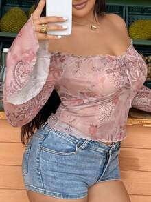 Dazy Plus 情人节碎花薄纱露肩长袖露脐性感单肩喇叭袖上衣 - 珊瑚粉 - 查看 5
