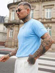 Artur Kramer ALTZTAR Men's Solid Color Short Sleeve Knit Vertical Striped Crew Neck Top - Baby Blue - View 6