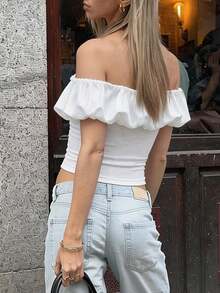 新款春夏甜美浪漫白色露肩泡泡袖短款上衣，适合约会、度假、外出、日常穿着、婚礼季 - 白色 - 查看 2