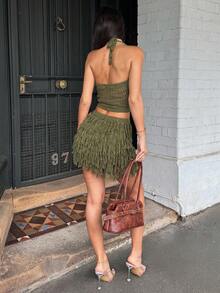 AmyJordy 女式 V 领露背短款上衣和流苏下摆迷你裙 2 件套，适合派对、圣诞节、约会之夜、夜总会、波西米亚风、波西米亚风、度假、秋季 - 軍綠色 - 查看 2