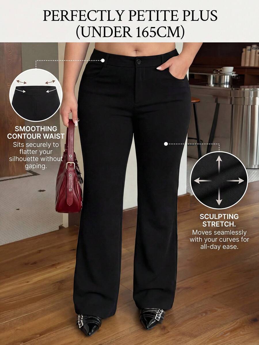 SHEIN PETITE CURVE Quần ống loe cạp cao màu trơn dành cho nữ cỡ lớn, kiểu dáng thường ngày, đa năng cho việc đi lại hàng ngày. - màu đen - Xem 1