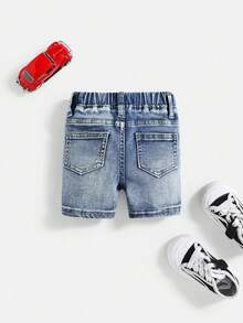 Pantalones cortos elásticos de mezclilla azul rasgados para niños pequeños - Lavado ligero - Ver 2