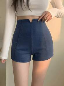 DAZY 女士休闲纯色高腰侧拉链短裤，夏季 - 藍色 - 查看 2