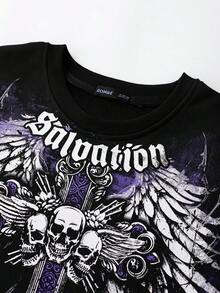 ROMWE MEN 男士标语骷髅印花圆领休闲短袖T恤，宽松版型 - 黑色 - 查看 3