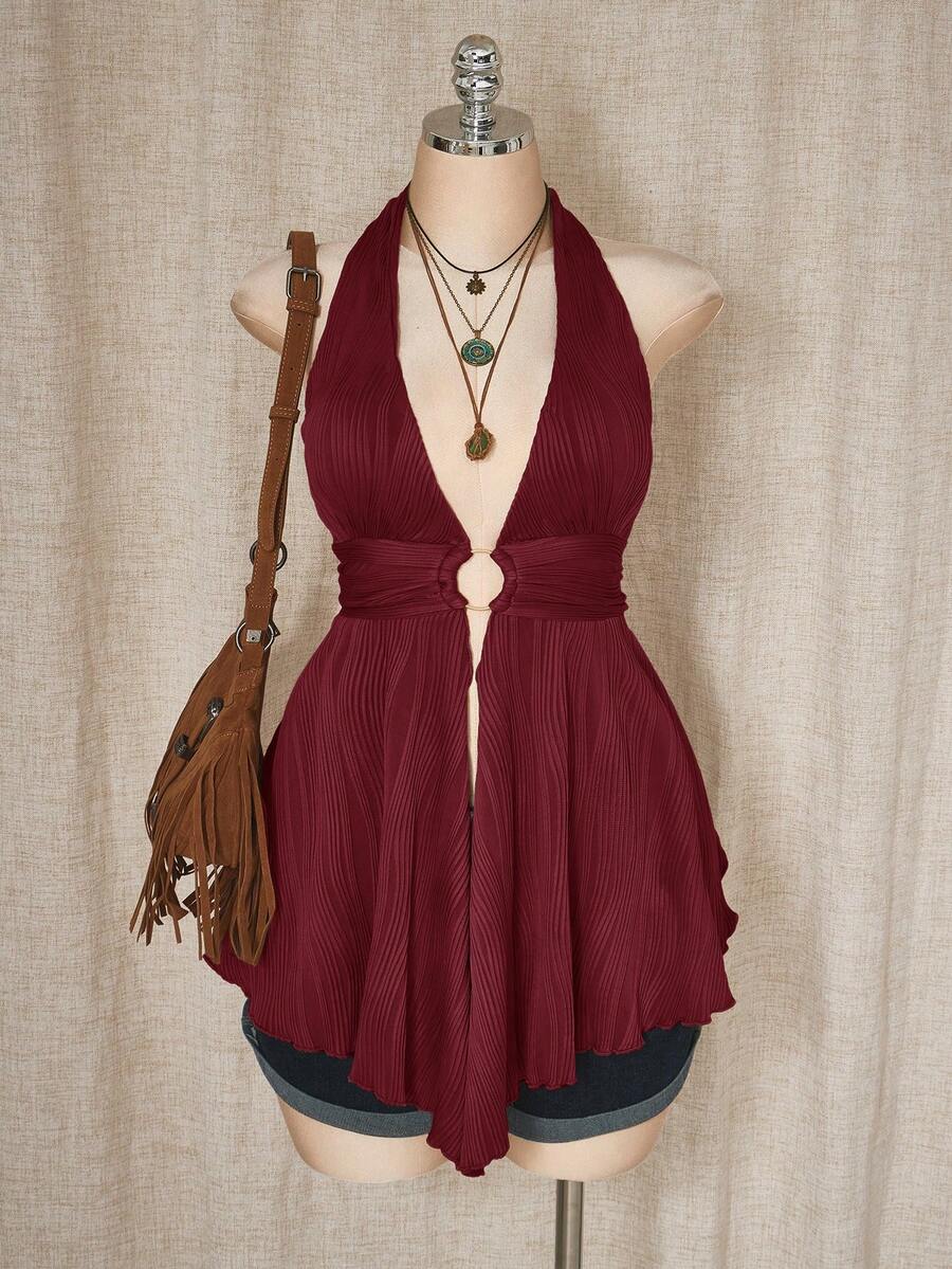 SHEIN ICON Plus Size Y2K Style Hollow Out Asymmetrical Hem Babydoll Halter Neck Knit Camisole - Burgundy - View 1