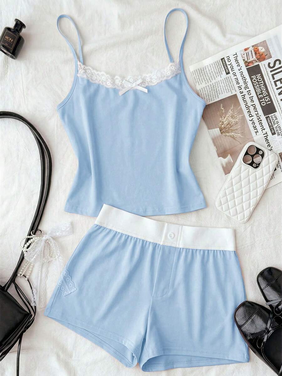 Teen Girls' Navy Blue & White Lace Trim Camisole Top And Shorts 2 Pieces Pajama Set, Spring/Summer - Baby Blue - View 1