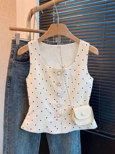 Franclia Elegante Blusa de Verano de Lunares Vintage con Decoración de Perlas para Mujer, Blusas Elegantes para Mujer, Atuendos de Trabajo para Mujer, Blusas de Verano para Mujer, Últimas Blusas Lindas para Mujer, Nuevos Llegados, Blusas Casuales Elegantes para Mujer