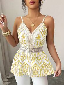 Rafferiza Camiseta de tirantes casual con estampado floral azul y blanco, primavera/verano - Amarillo - Ver 8