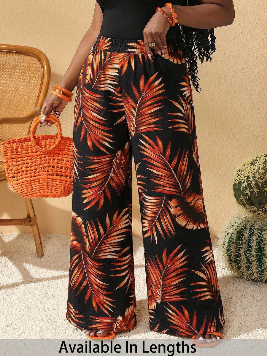 SHEIN PETITE CURVE CURVE 大尺碼女款小個子熱帶印花寬腿褲,高腰優雅休閒黑色夏季波西米亞風海灘度假褲 - 杏色 - 查看 1