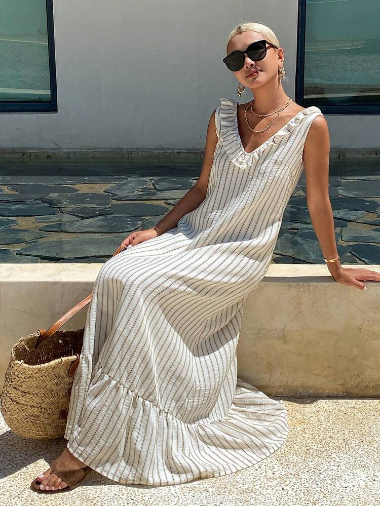 Ruffle V-Neck Striped Sleeveless Dress For Women