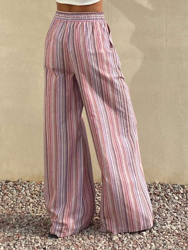 Pink Striped Drawstring Waist Casual Women Pants, Suitable For Spring & Summer Vacation