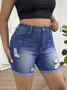 SHEIN CURVE+ Women's Plus Size Distressed High Waist Skinny Denim Shorts,Dark Blue,Summer,Casual,Hiking Ripped Jean Shorts With Rolled Hem Y2k Chic Cute Streetwear - Blue - View 6