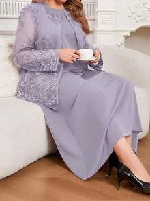 Modelyn Plus Size Elegant Commuter Solid Color Lace Sleeveless Dress Two Pieces Set Fall - Dusty Purple - View 6