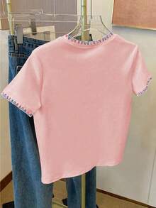 Resyla 女士休闲撞色滚边刺绣T恤，夏季 - 粉色 - 查看 2