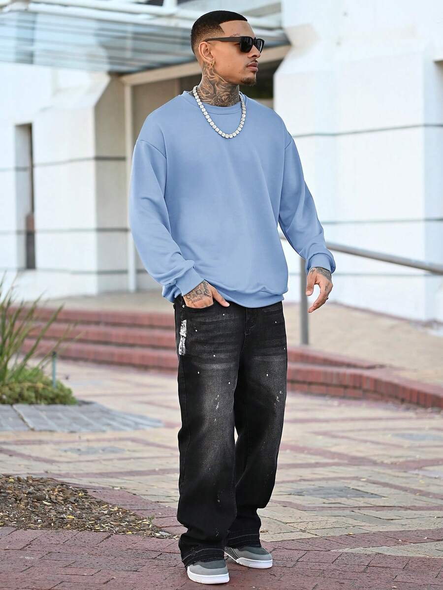Devon Thys Men's Casual Solid Color Crew Neck Long Sleeve Pullover Sweatshirt, For Fall - Baby Blue - View 1
