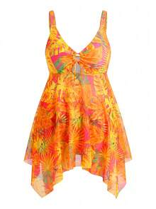 Swim Lushoire Vestido de traje de baño informal con tirantes para mujer talla grande, con estampado tropical de plantas y bajo asimétrico, para vacaciones de verano - Multicolor - Ver 1