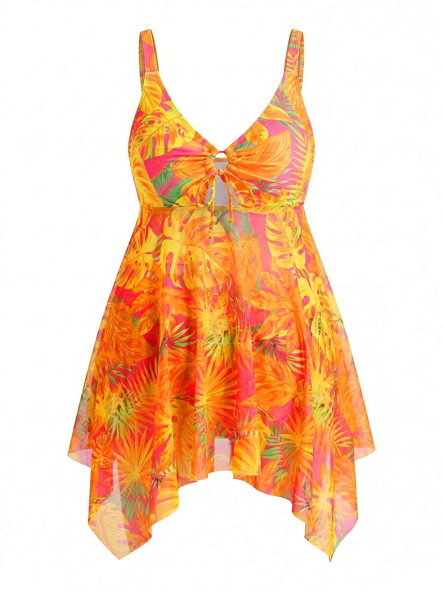 Swim Lushoire Vestido de traje de baño informal con tirantes para mujer talla grande, con estampado tropical de plantas y bajo asimétrico, para vacaciones de verano - Multicolor - Ver 1