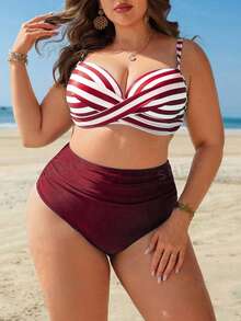 Swim Lushoire Bộ đồ bơi nữ cỡ lớn gồm áo tankini in sọc có đệm mút và quần cạp cao xếp ly, thích hợp cho mùa hè đi biển và nghỉ mát. - Đỏ và trắng - Xem 6