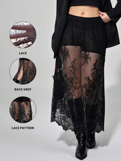 Maija Falda larga a juego de encaje negro de talla grande 2026 para todas las estaciones, ideal para looks elegantes y sexys con encaje transparente. Falda larga a juego de encaje versátil y cómoda, adecuada para vacaciones de verano, estilo bohemio, ropa de playa, pareo de traje de baño
