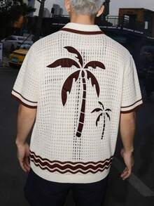 ROMWE MEN Casual Men's Jacquard Coconut Tree Hollow Out Single-Breasted Pocket Round Neck Short Sleeve Knit Top, Suitable For Summer Travel And Beach - Coffee Brown - View 1