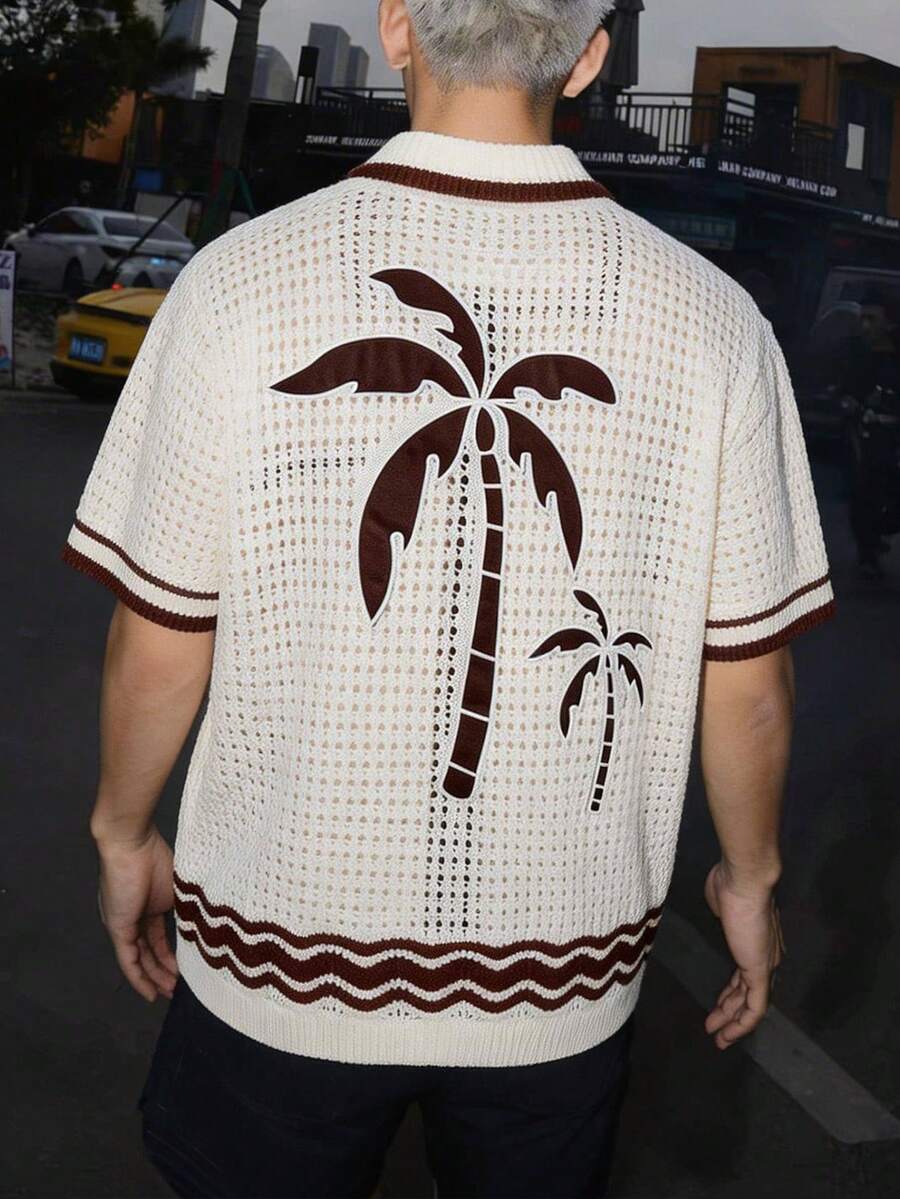 ROMWE MEN Casual Men's Jacquard Coconut Tree Hollow Out Single-Breasted Pocket Round Neck Short Sleeve Knit Top, Suitable For Summer Travel And Beach - Coffee Brown - View 1