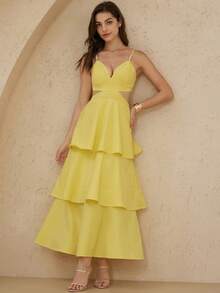 BELROSIE Yellow Waist Cutout Beaded Strap Layered Cake Hem Backless Dress, Elegant Sexy Versatile For Vacation, Party, Evening Gown Summer - Yellow - View 1