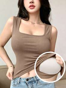 DAZY 宽肩带加厚吊带背心，女士多功能打底衫，适合所有季节 - 卡其色 - 查看 1